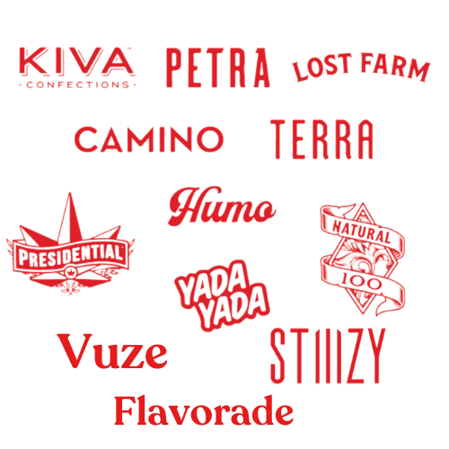 KIVA, Petra, Lost Farm, Camino, Terra, Humo, Presidential, Yada Yads, Natural 100, Vuze, Stiiizy, and Flavorade logos
