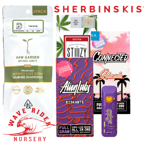 Photos of Raw Garden, Sherbinskis, Stiiizy, Connected, Alien Labs, and Wave Rider Nursery products