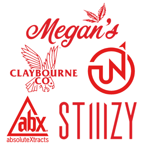 Brand logos - Megan's, Claybourne, UpNorth, AbsoluteXtracts, and Stiiizy